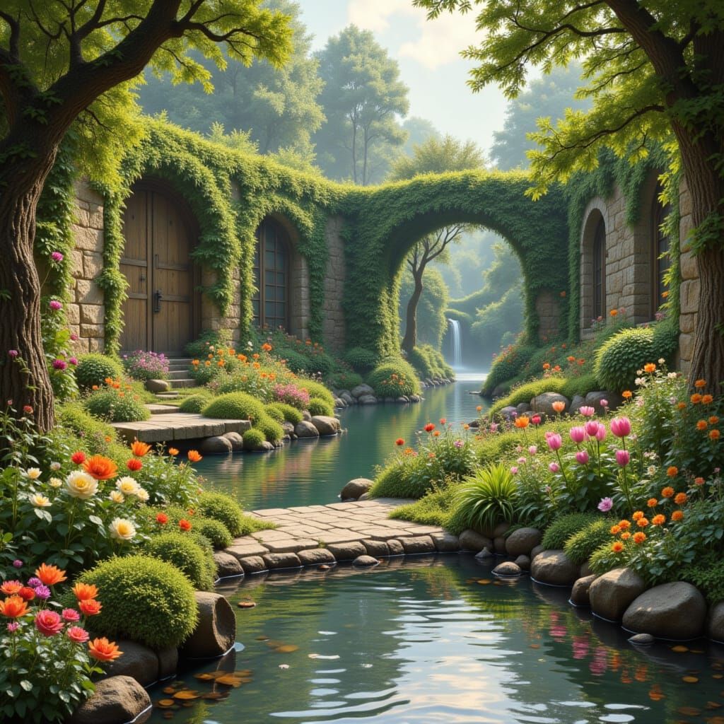 Impressionist Gardens with Stone Walls and Golden Light