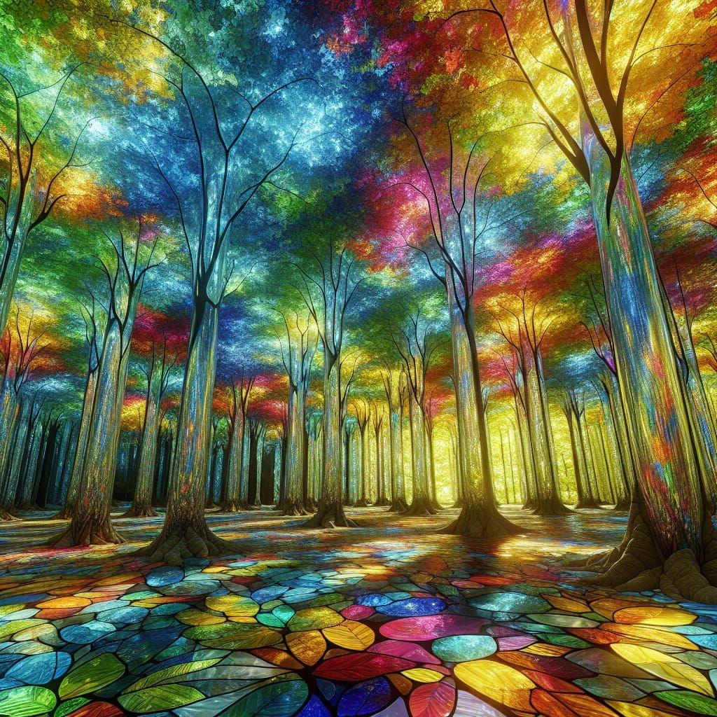 Glass Forest with Stained Glass Leaves in Sunlight