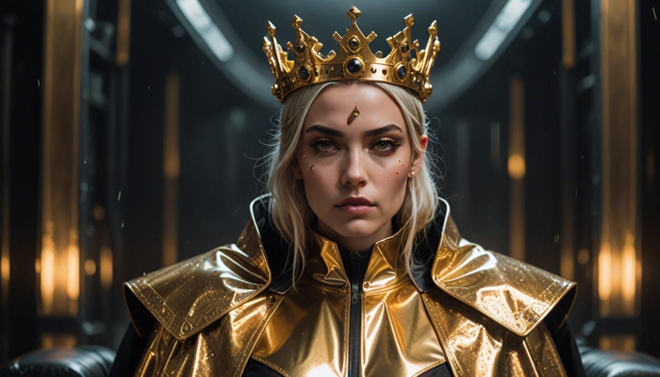 Cyberpunk Aristocratic Royalty in Shimmering Gold Latex Cape