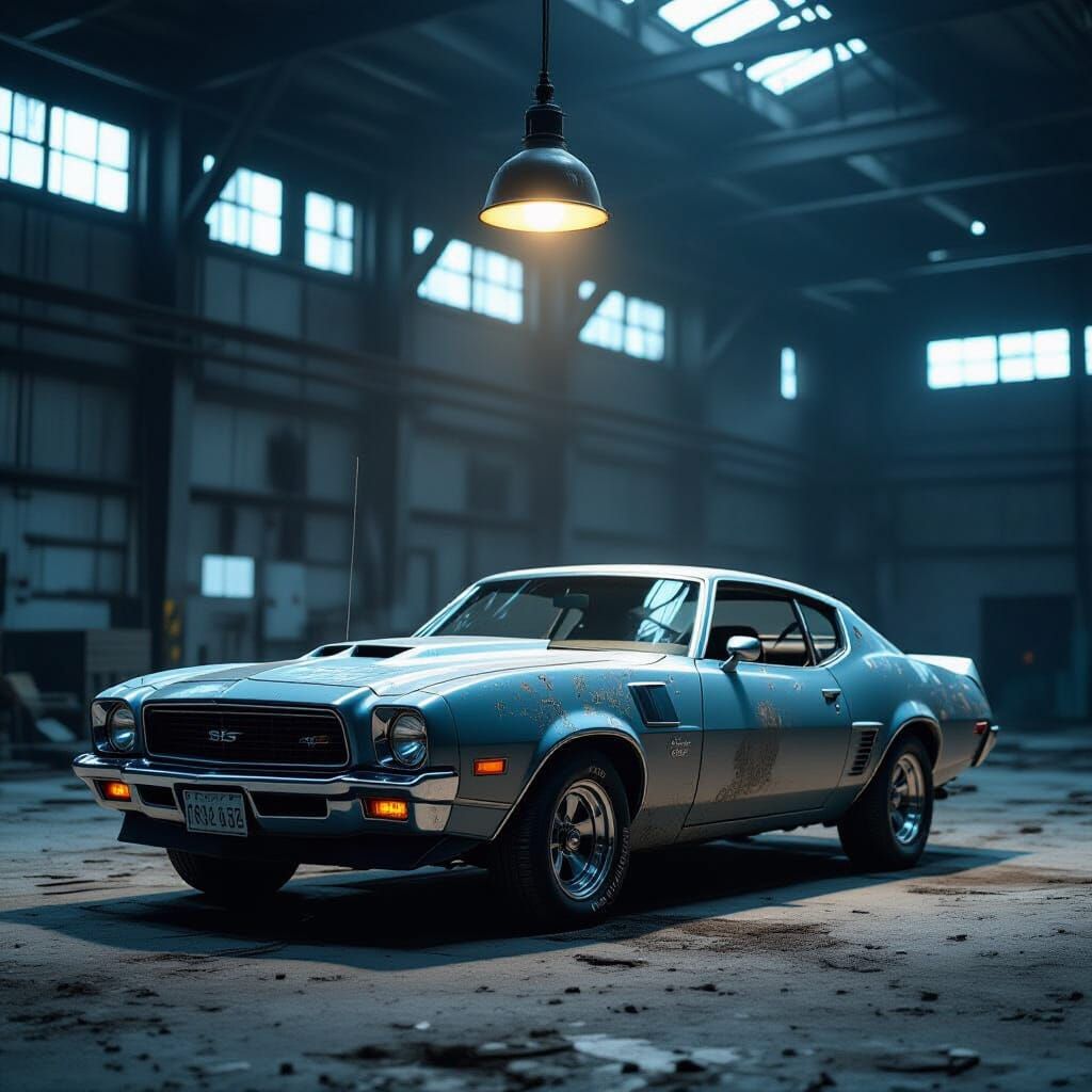 Dusty 1980s Muscle Car in Empty Warehouse
