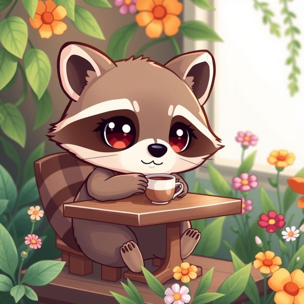 Whimsical Chibi Animal Sips Coffee in Vibrant Japanese Kawai...