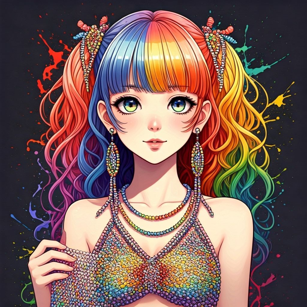 Vibrant Anime Girl in Rainbow Beads, Graffiti Art Style