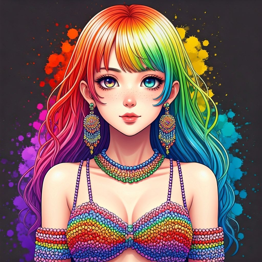 Anime Girl in Rainbow Beads Graffiti Art