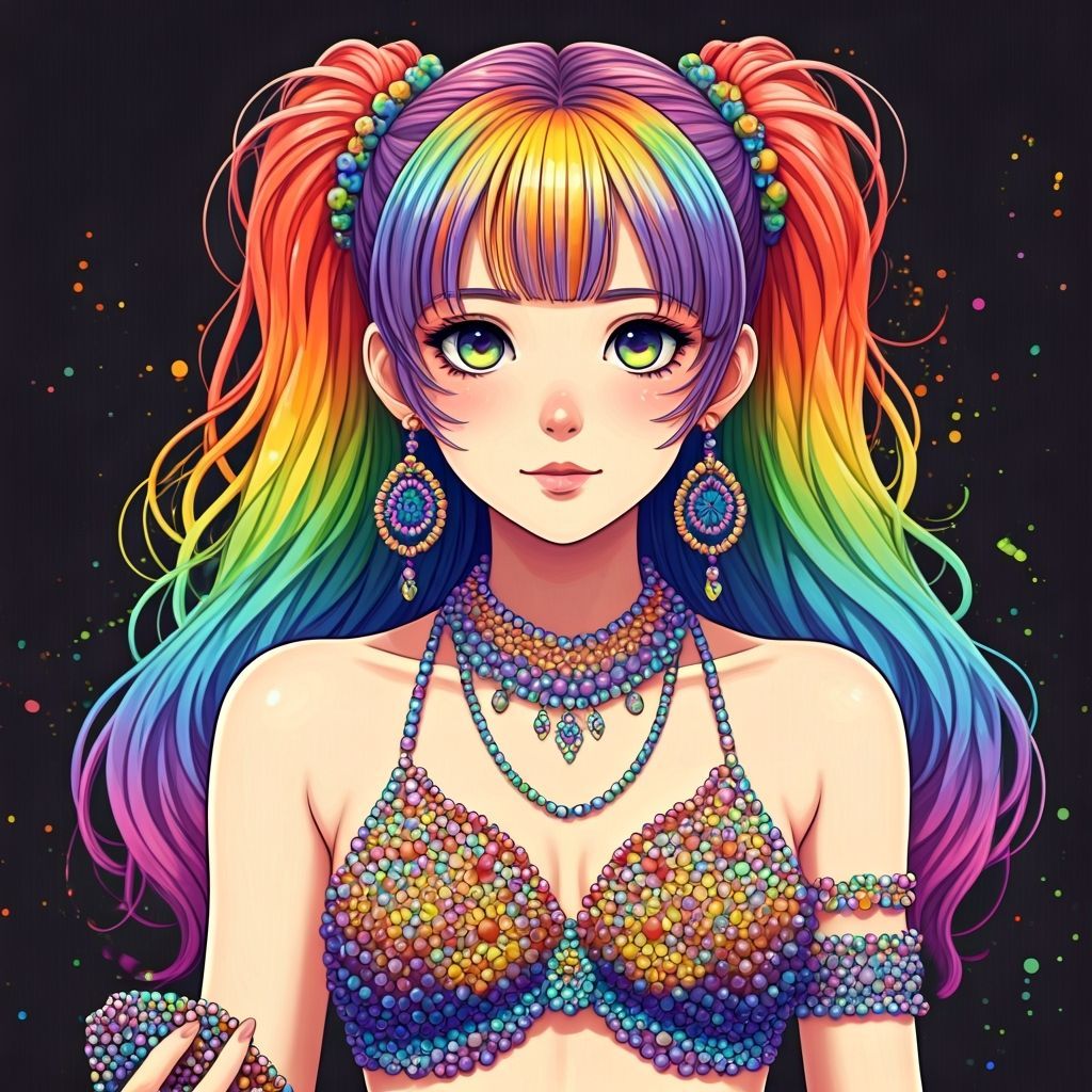 Vibrant Anime Girl in Rainbow Beads, Graffiti Art Style