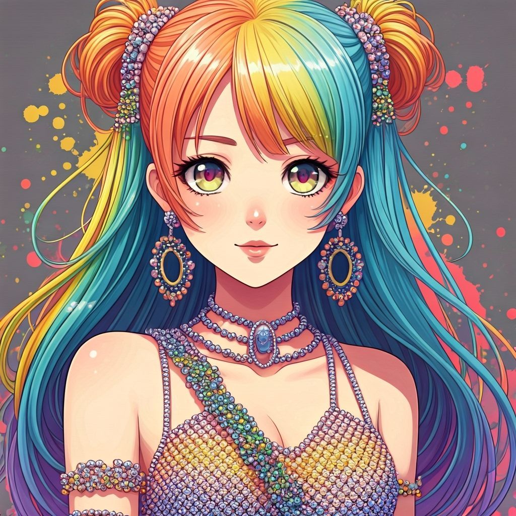 Anime Girl with Rainbow Beads in Graffiti Art Style