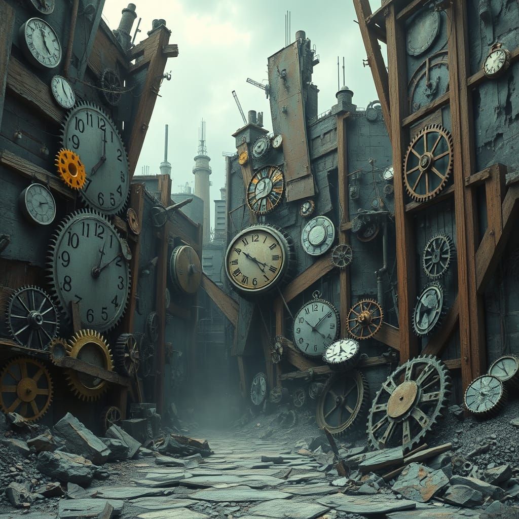 A surreal wall of jagged clocks and gears. Surrealist art.