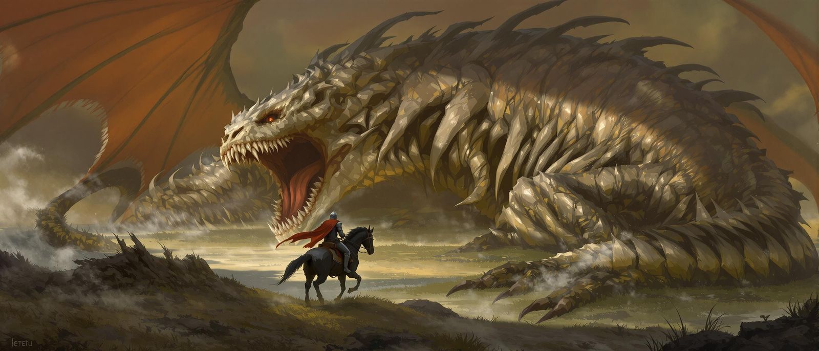 Warrior Knight Rides Towards Dragon Skeleton, Digital Art