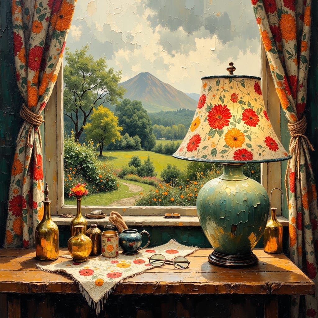 Folk Art Ceramic Lamp in Moody Garden Scene