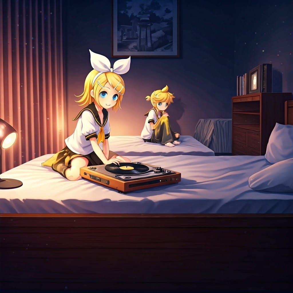 Kagamine Rin DJing With Kagamine Len Watching TV