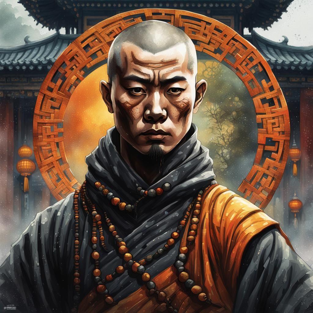 Dystopian Shaolin Monk in Watercolor Style