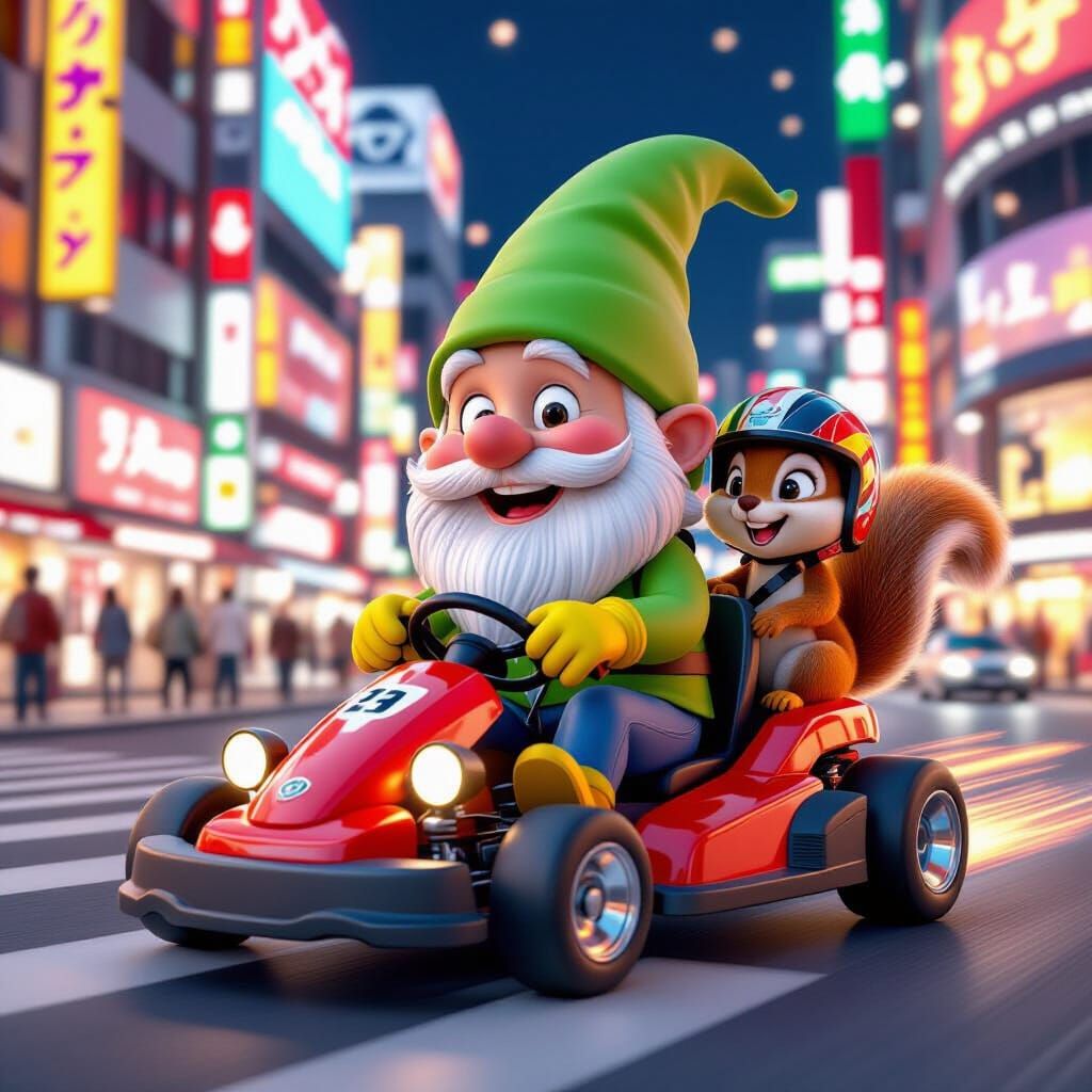 Gnome and Squirrel Go-Karting in Shinjuku, Pixar-Style
