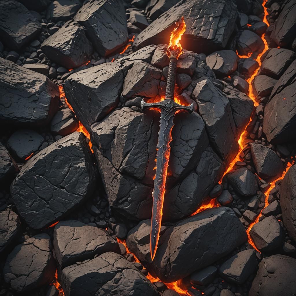 Dramatic Flaming Sword in Lava Rock, Cinematic Still