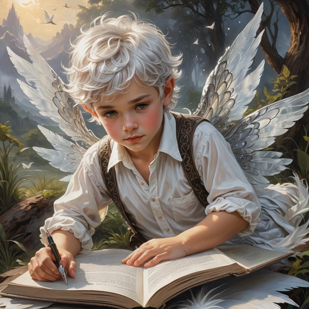Fantasy theme. an etherial beautiful young pixie boy toddler picked out of a childrens storybook, he has white wavy hair...