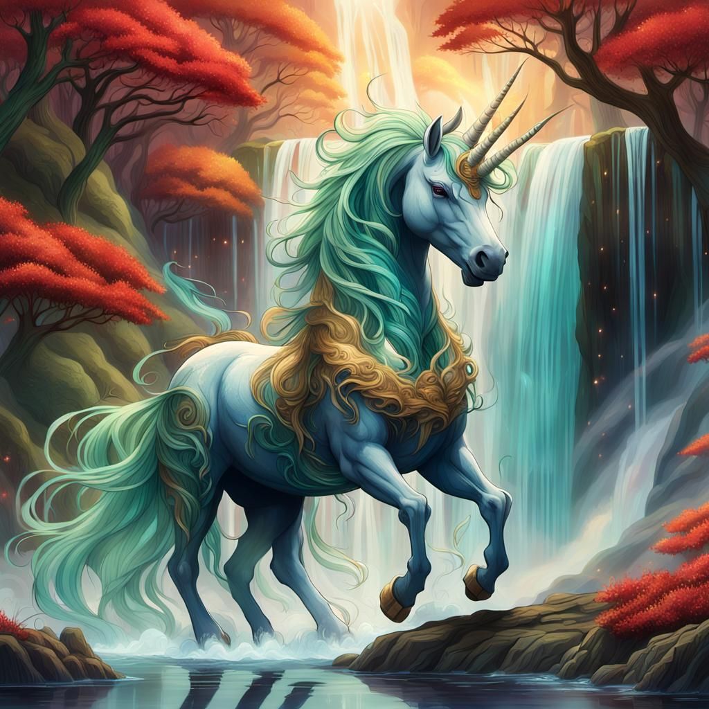 Unicorn Grazing Near Iridescent Waterfall: Fantasy Matte Pai...