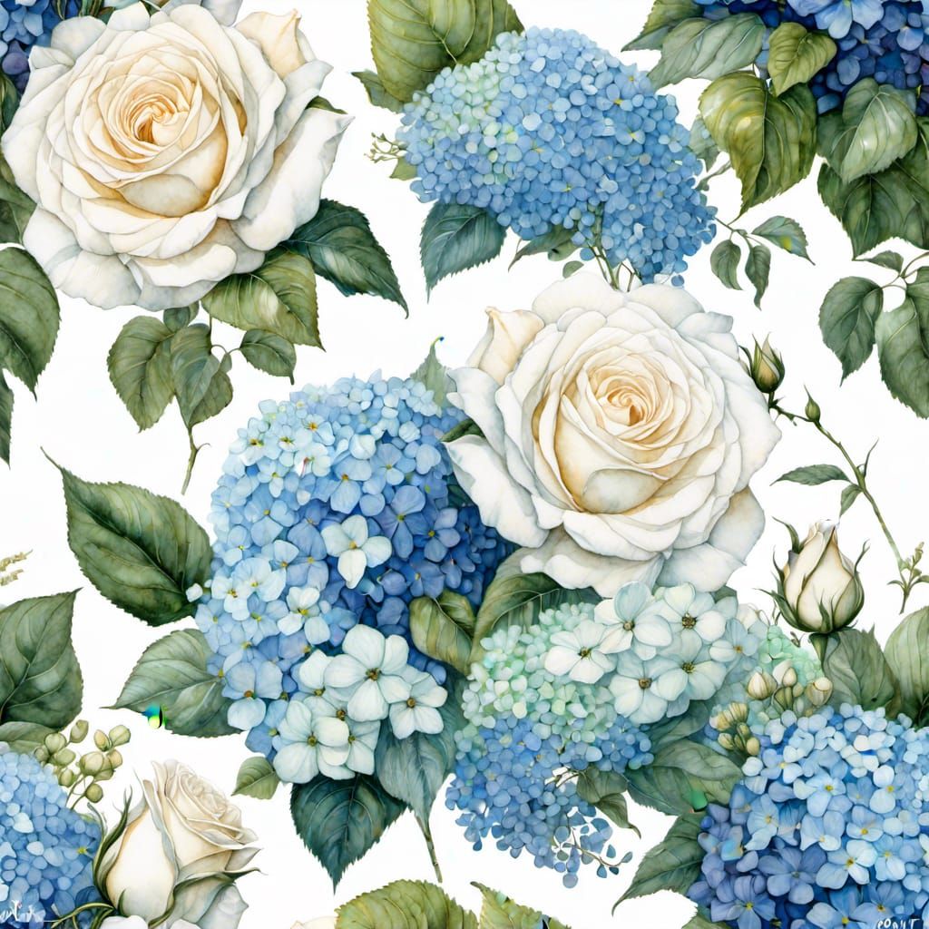 Floral Arrangement with Roses and Hydrangeas in Gouache