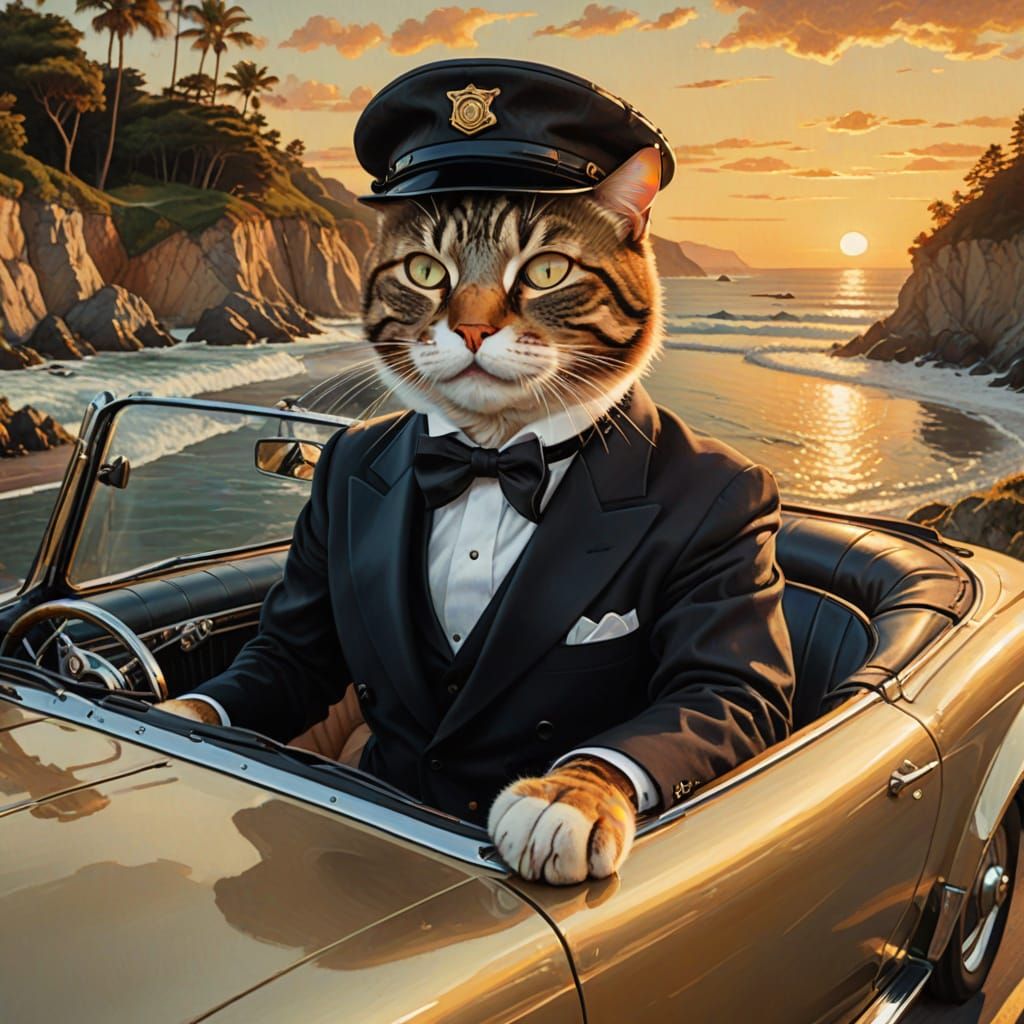 Cat in Beret Drives Convertible: Art Nouveau Illustration