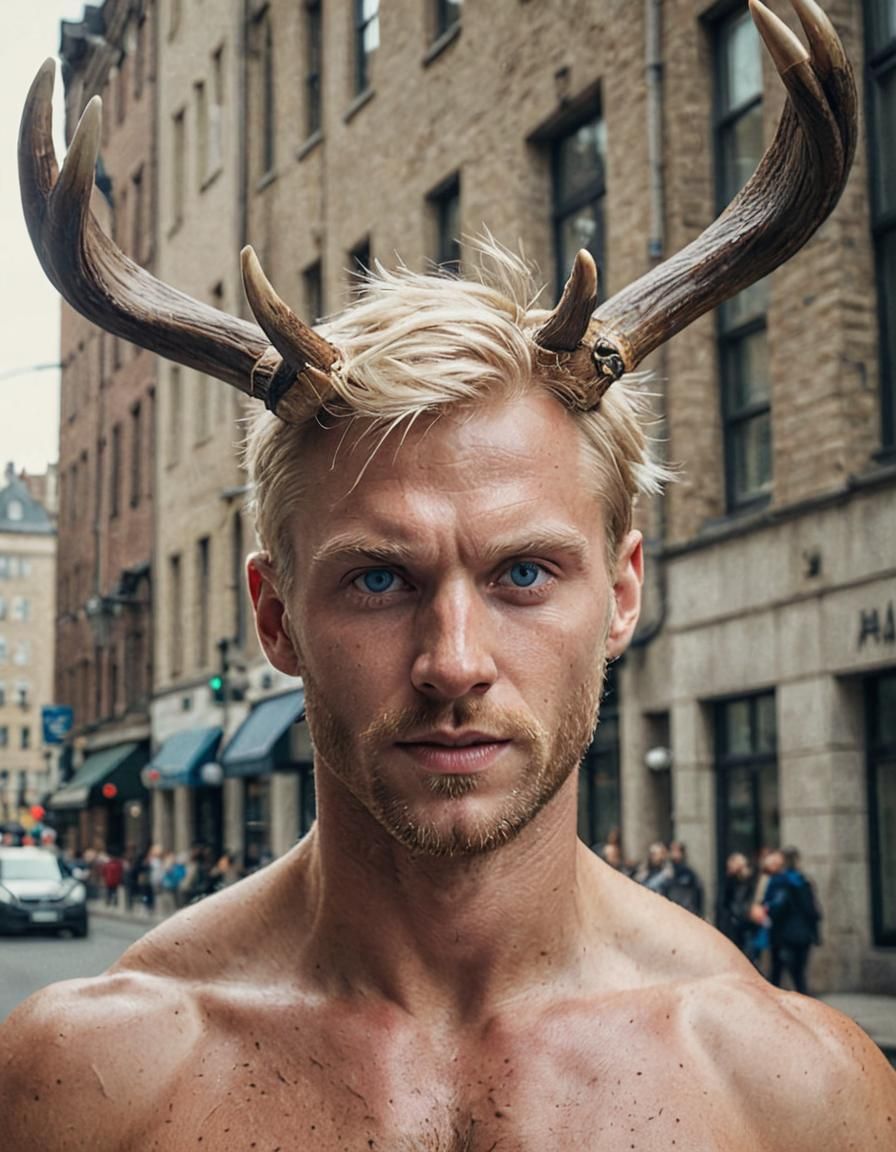 Handsome Nordic Man with Antlers in the City
