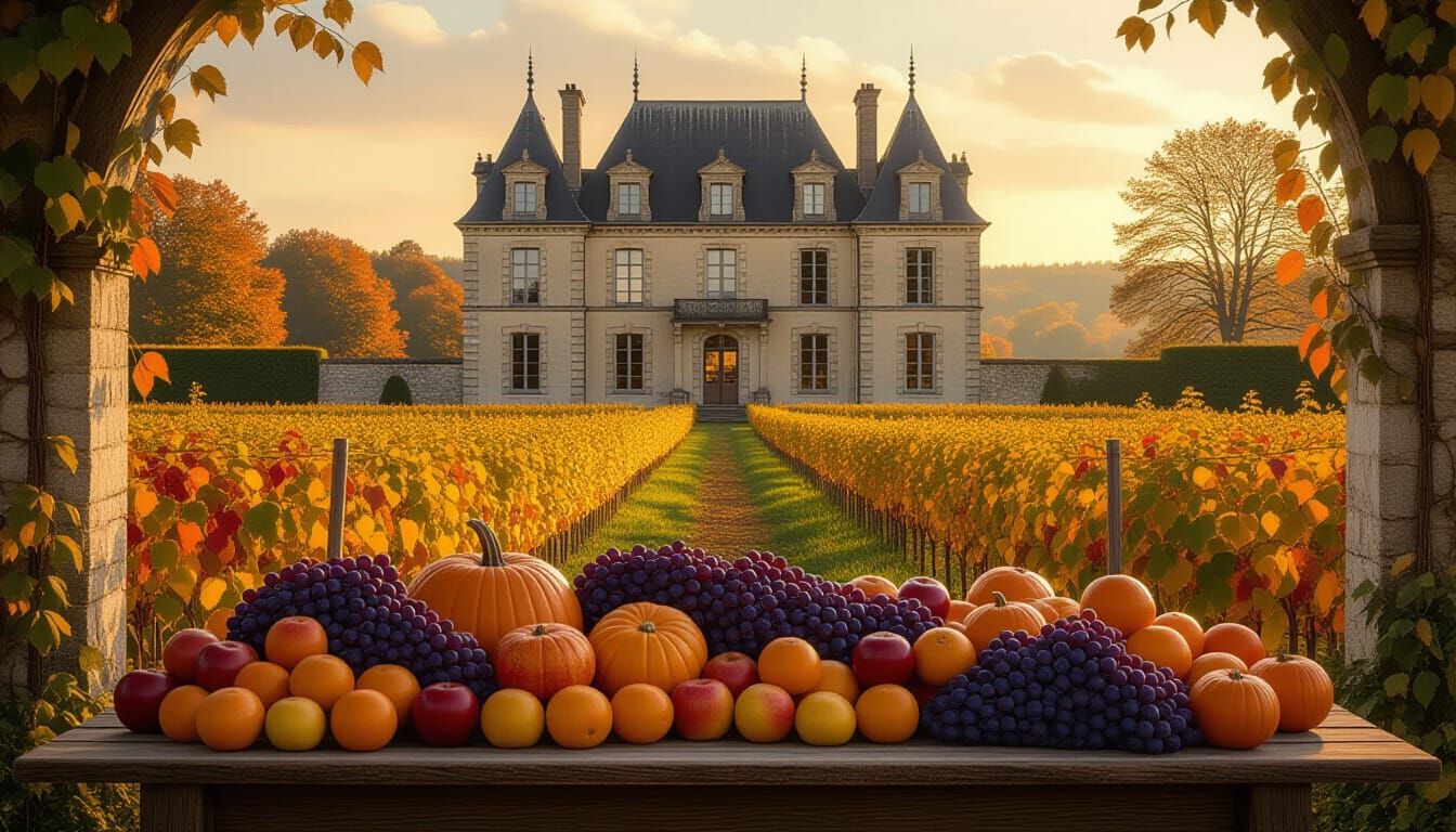 Golden Hour Chateau with Autumn Harvest
