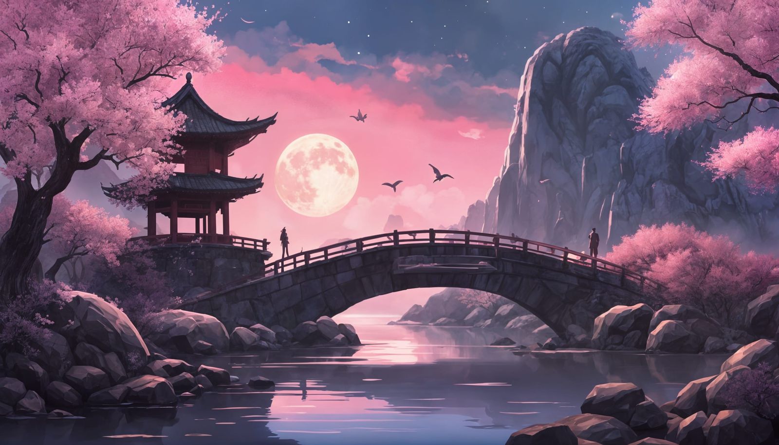 Dreamlike East Asian Pagoda Bridge Under Pastel Moonlight
