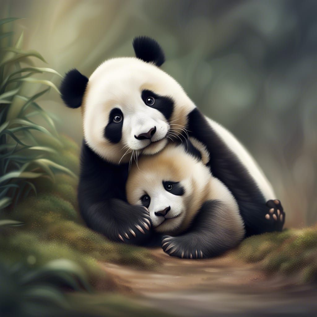 Panda Hugging Cub: A Tender Moment