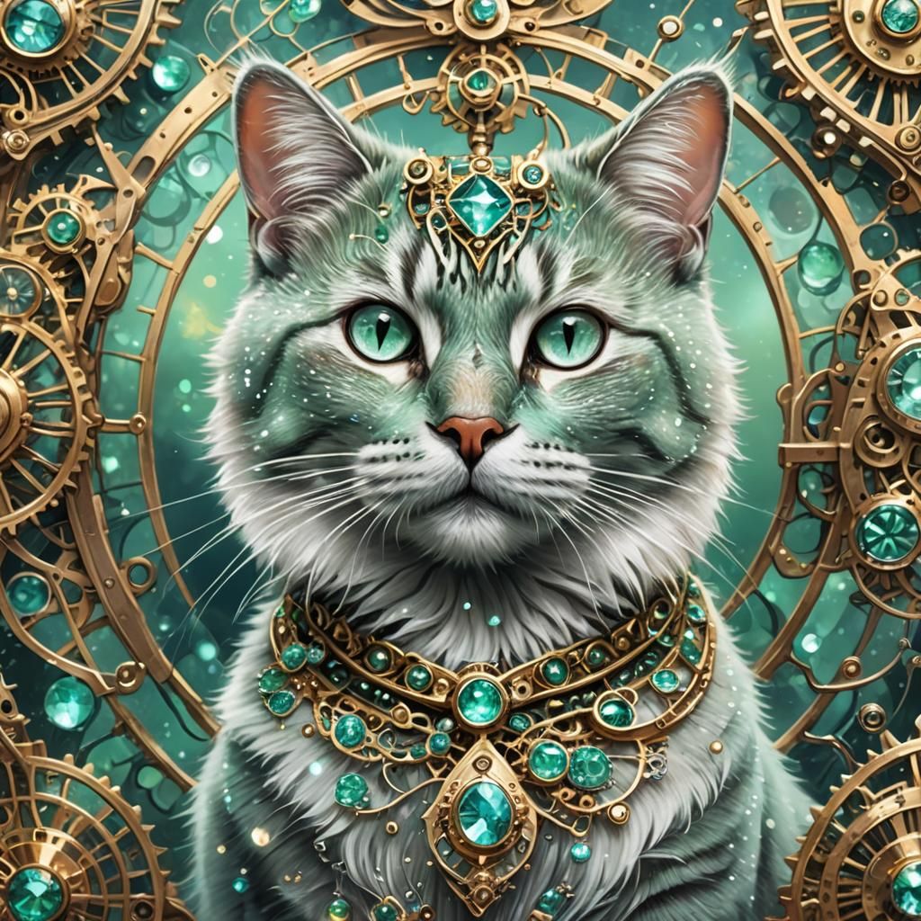 Sparkling Cat Portrait with Gold Filigree and Rainbow Light