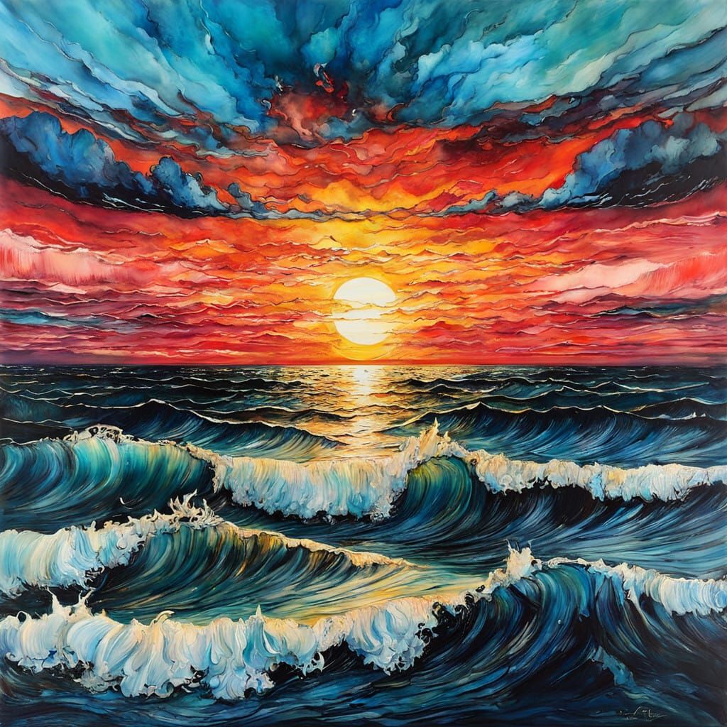 Warm Sunset Seascape in Vibrant Encaustic and Alcohol Ink
