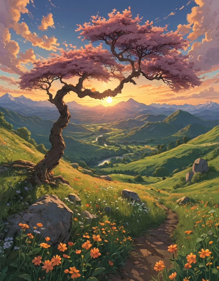 Blossom Tree in Anime Style with Fish-Eye View