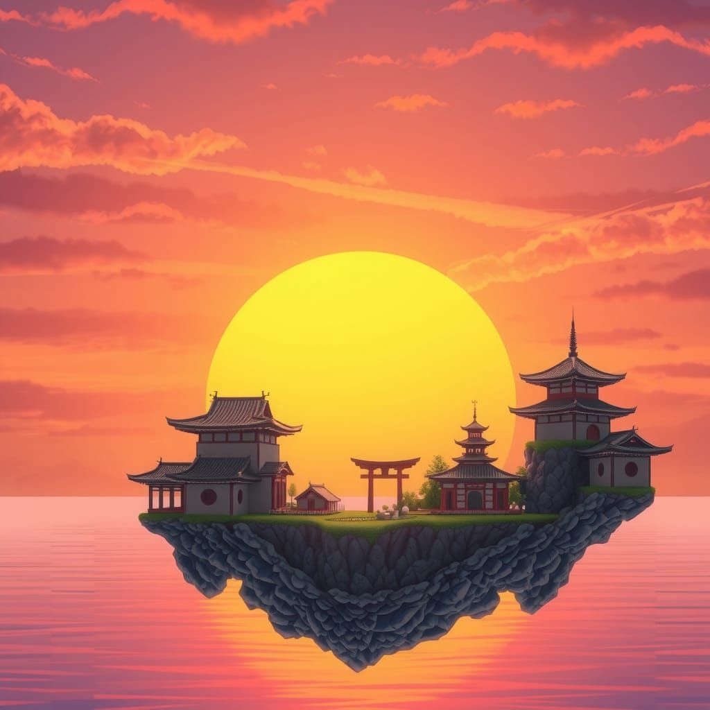 Floating Japanese Island Sunset: Dreamlike Architecture