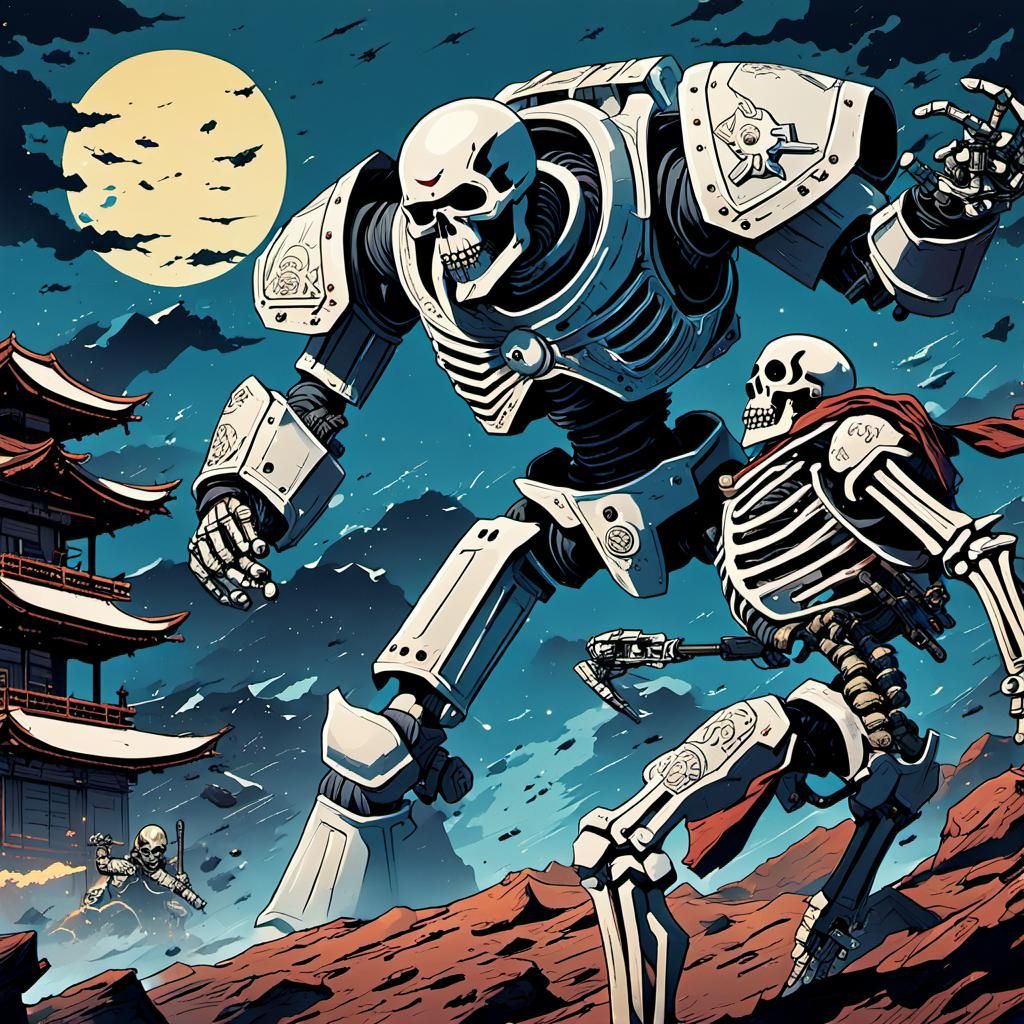 Space Marine vs Ukiyo-e Skeleton in Anime Style