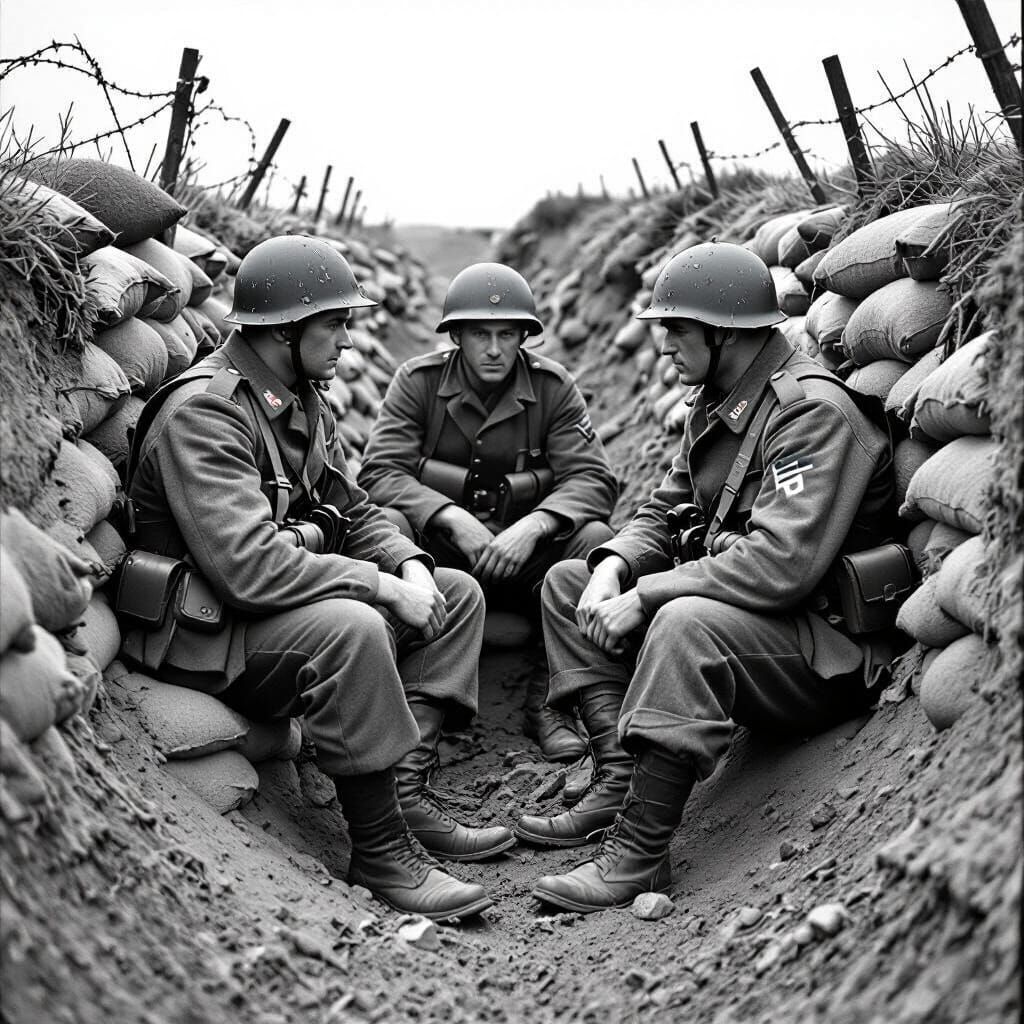 WWI Soldiers Chatting in Trench, Gritty Black and White Phot...