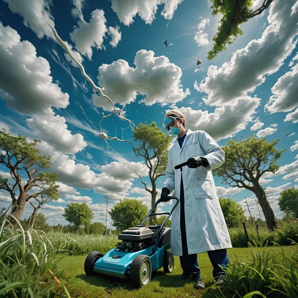 Surreal Lab Technician with Lawnmower in Dream Landscape