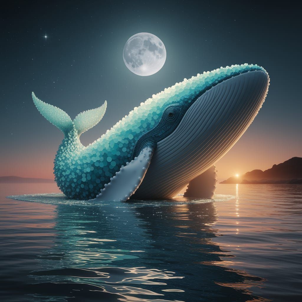 Colossal Sea Glass Whale Sculpture in Moonlit Sea