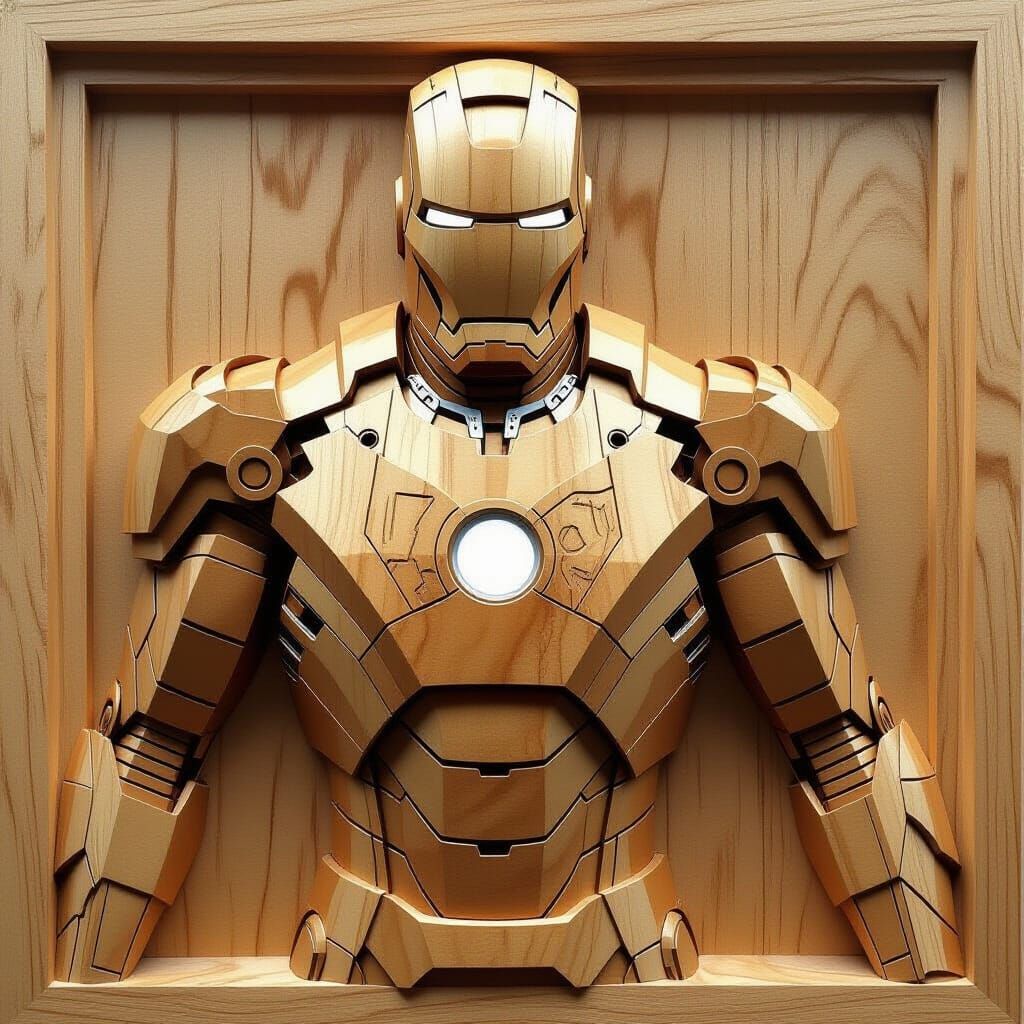 Detailed Iron Man Wood Bas-Relief in Classical Style