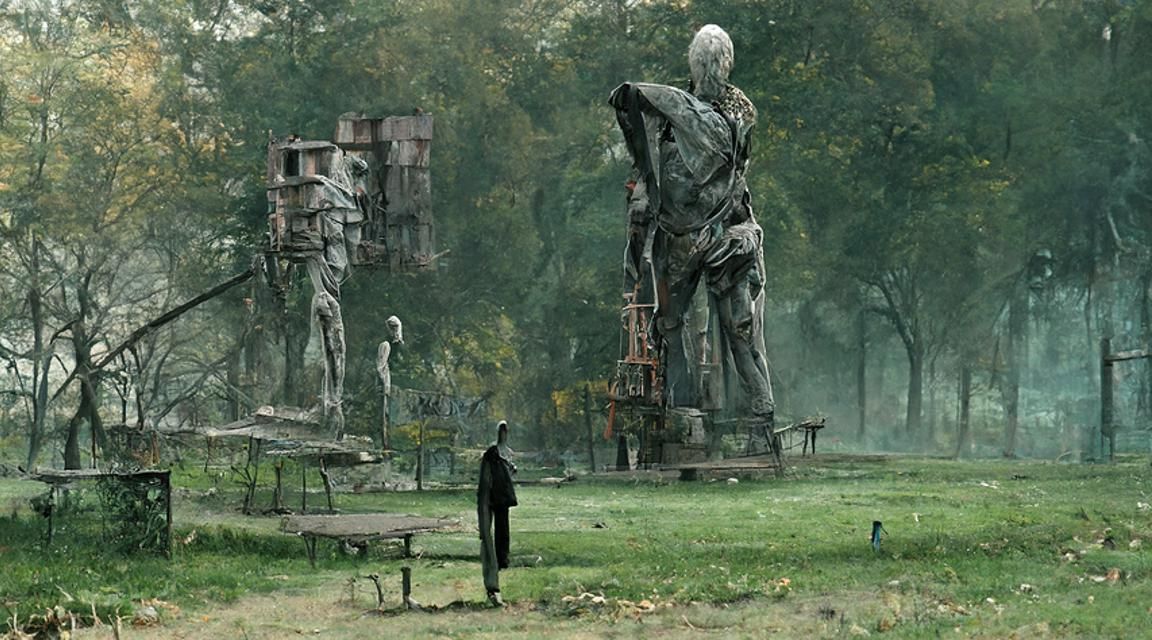 Eerie Statue in Dystopian Park: Detailed Matte Painting