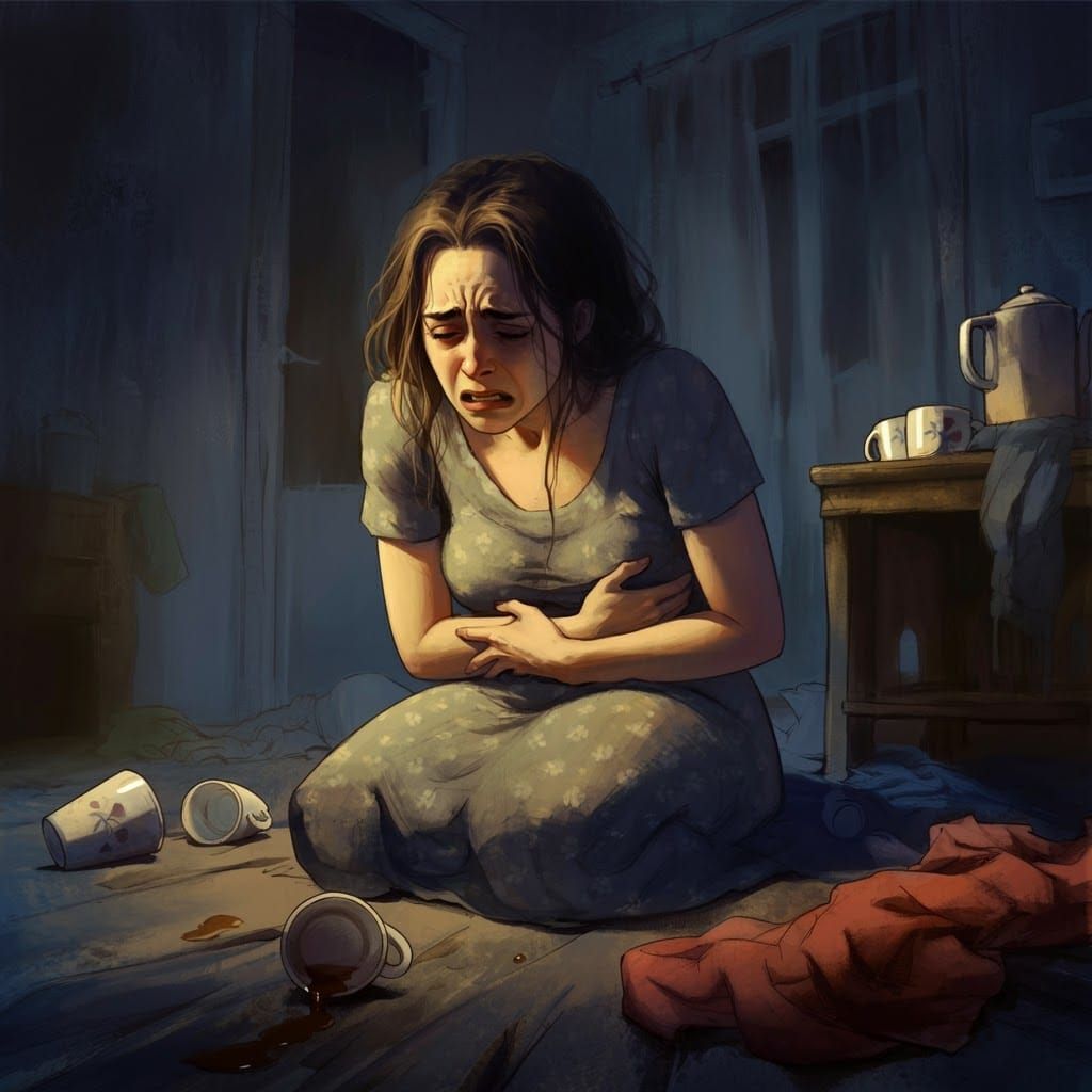 Distressed Woman in Melancholic, Expressive Art Style