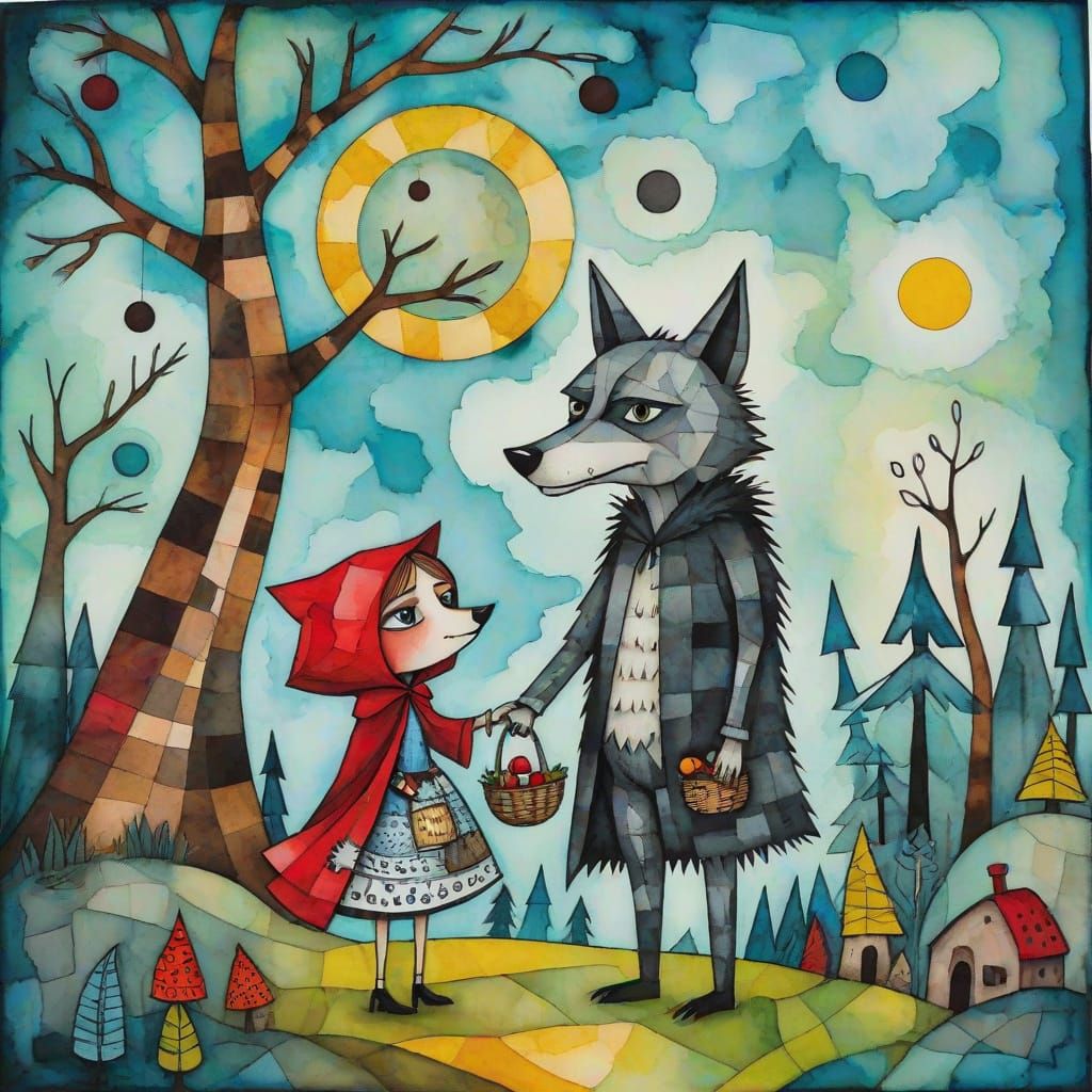 Little Red Riding Hood and the Wolf in Paul Klee Style