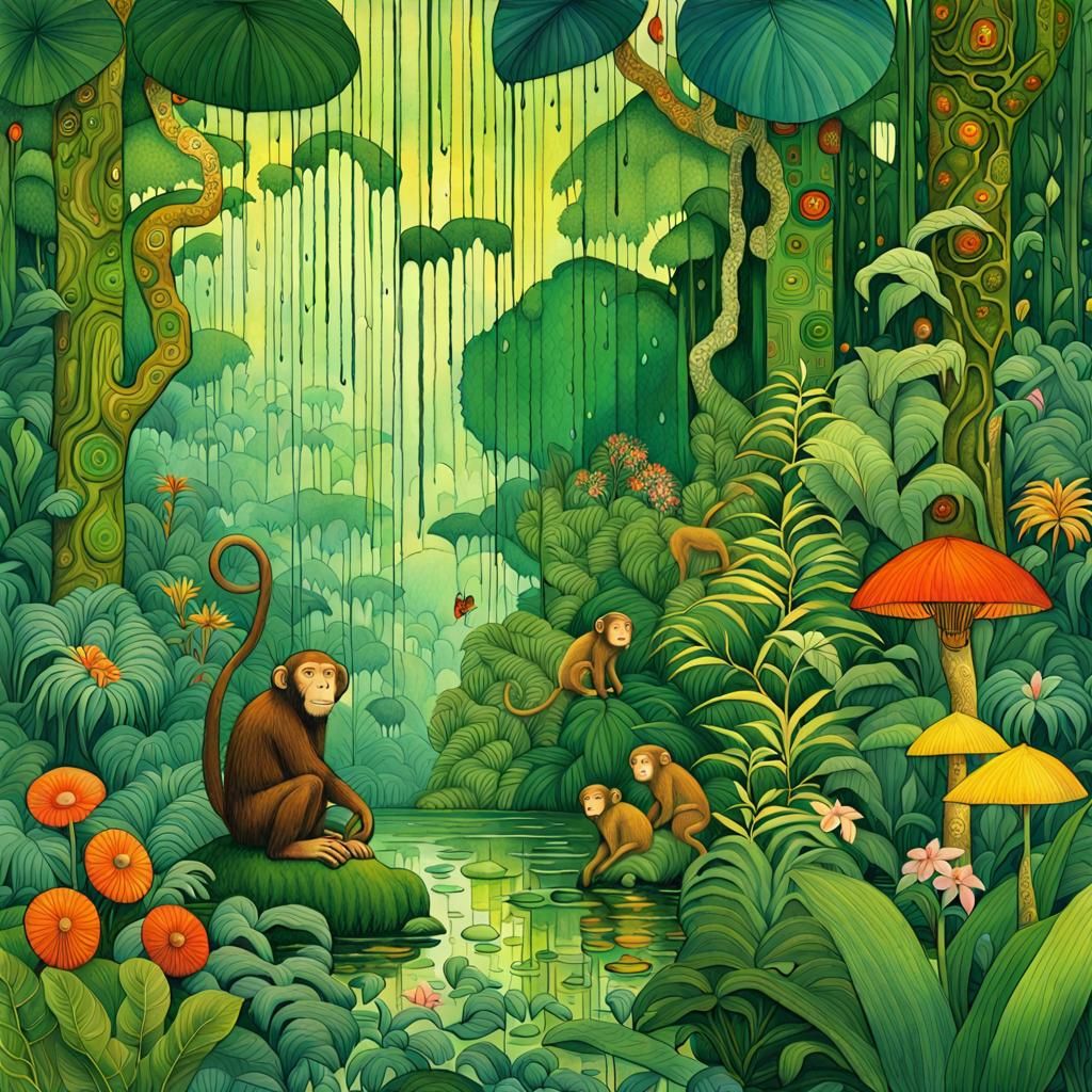 Lush Rainforest Illustration with Abstract Art Elements