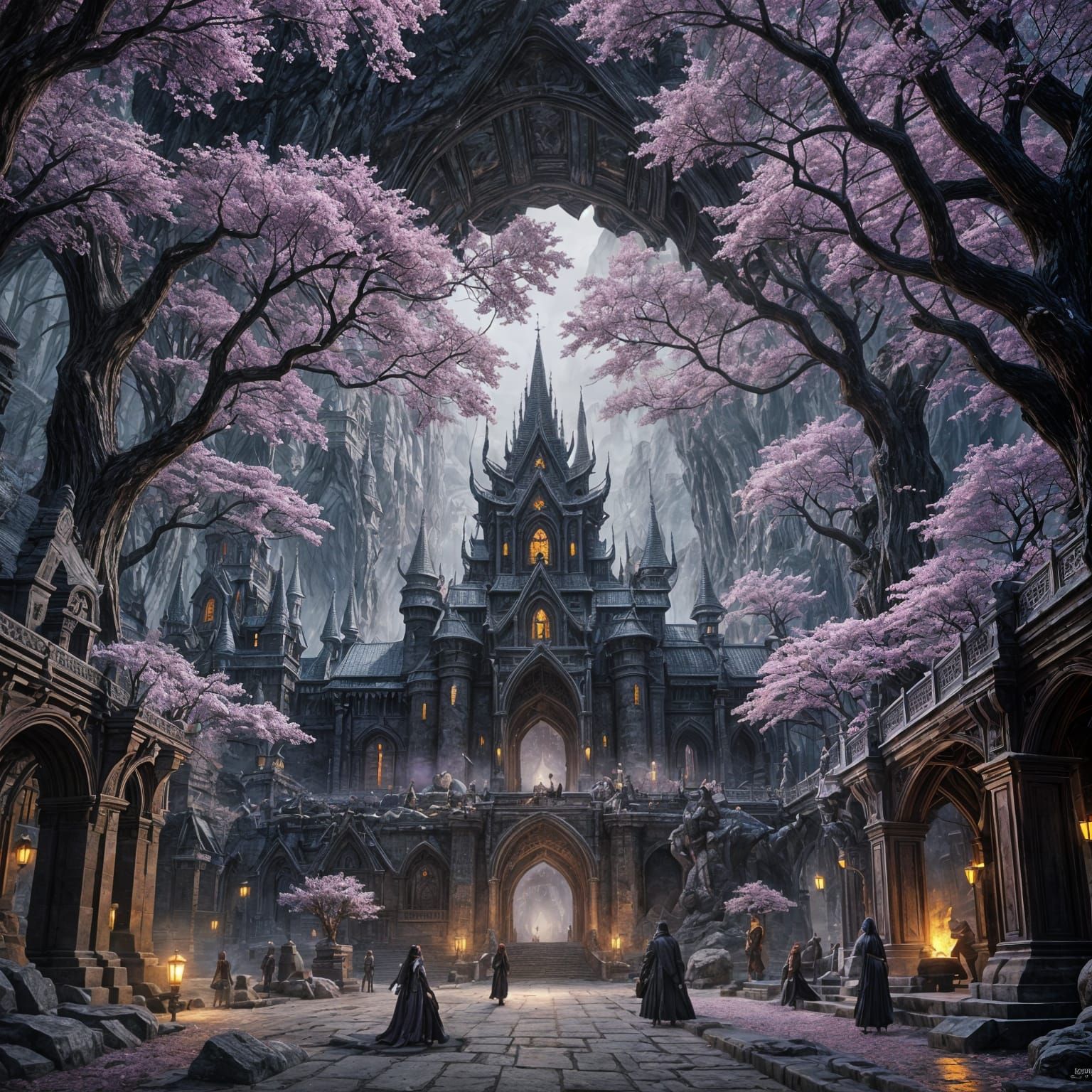 Elven City in Massive Cave with Sakura Trees