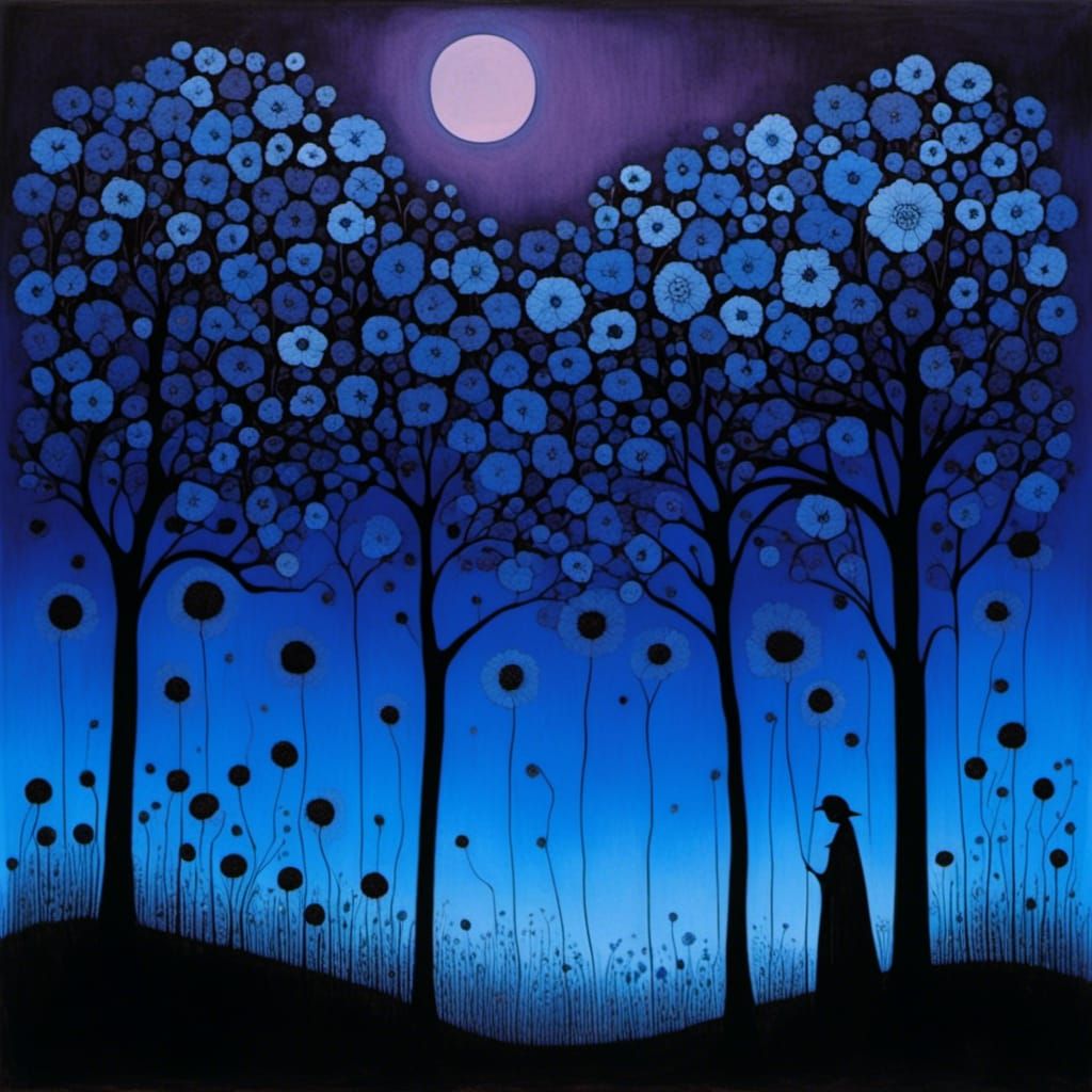 Blue Translucent Flowers in Purple Light, Enchanted Style