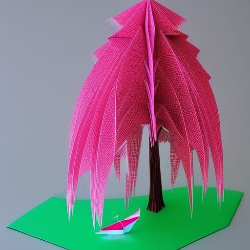Origami Weeping Willow Tree with Pink Sailboat