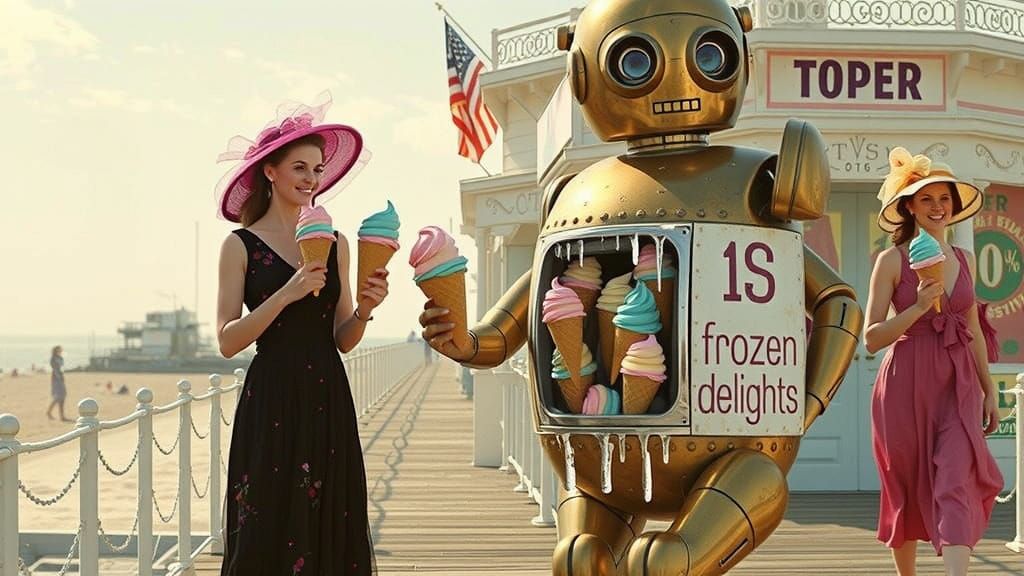 Victorian Women Buy Ice Cream from Robot, Cinematic Style