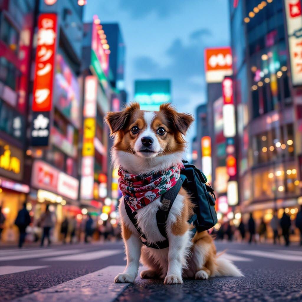 Influencer Dog Poses in Neon Tokyo Street