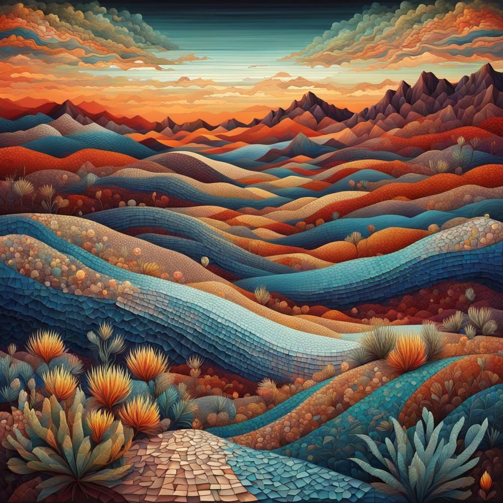 Mosaic Desert Landscape in Acrylic and Oil Gouache