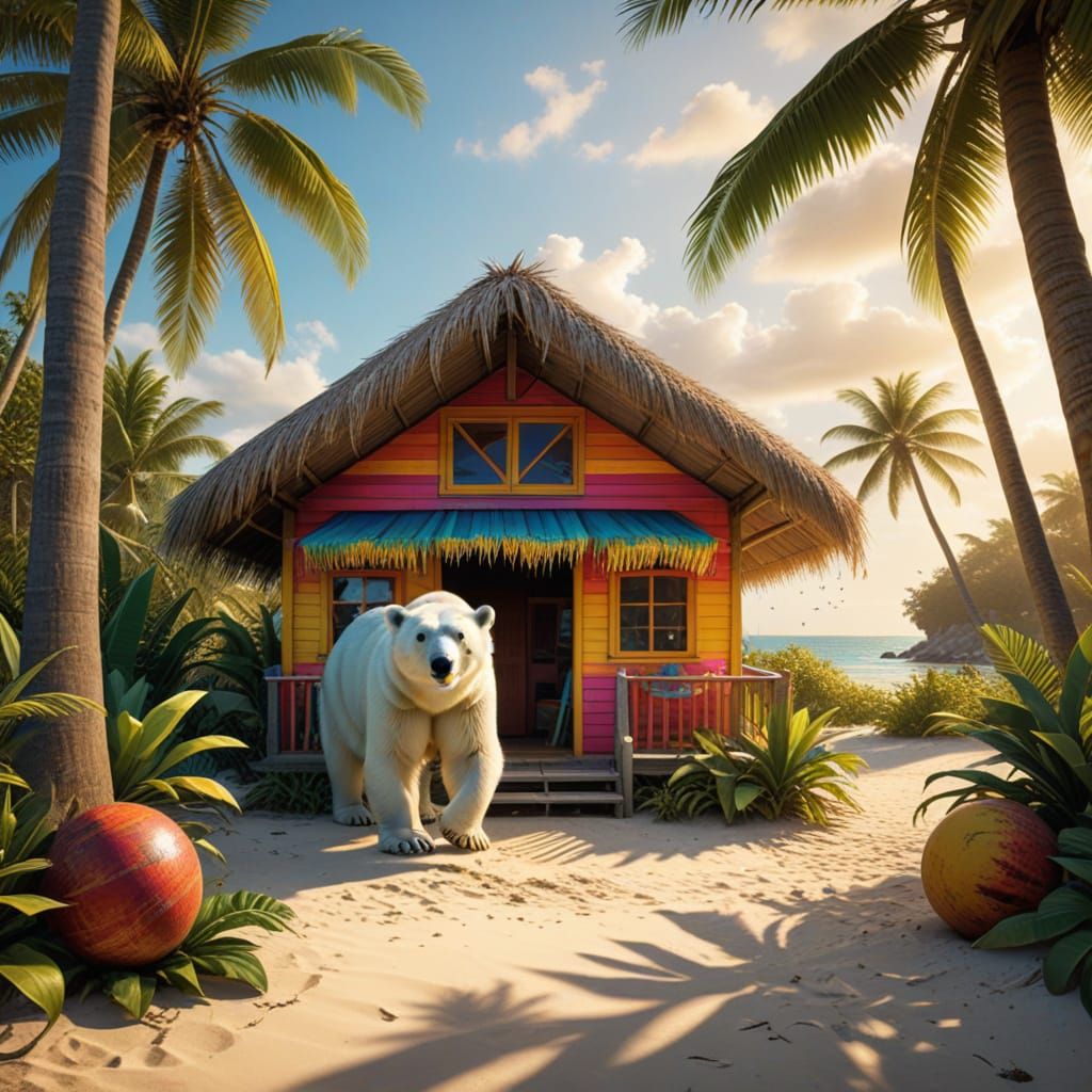 Polar Bear's Tropical Beach Hut: Digital Art