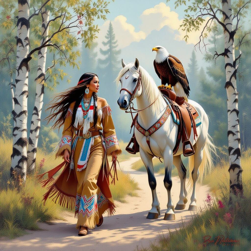 Native American Woman with White Horse, Serene Forest Path