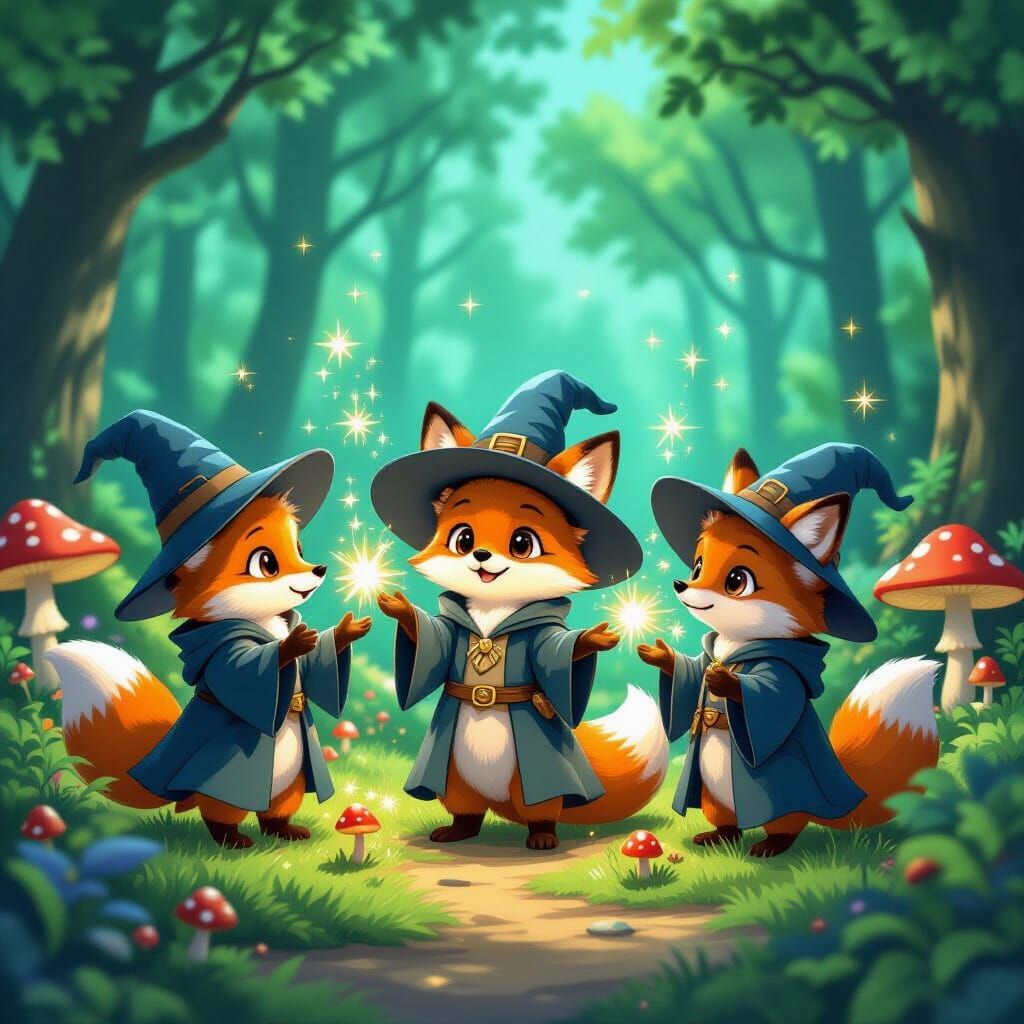 Enchanted Forest: Tiny Foxes Casting Magic