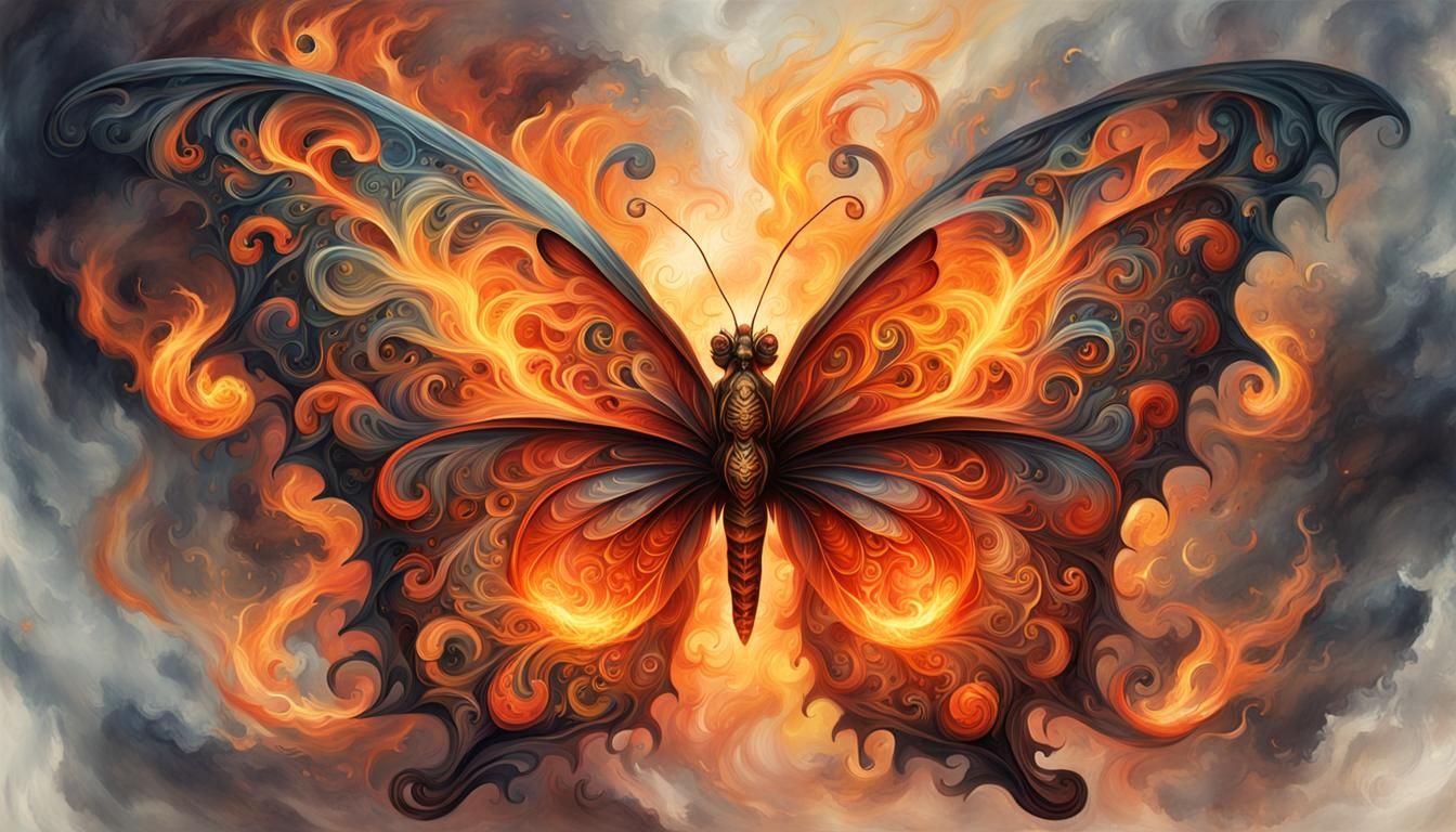 Fantasy Fire Butterfly Portrait in Ornate Flame