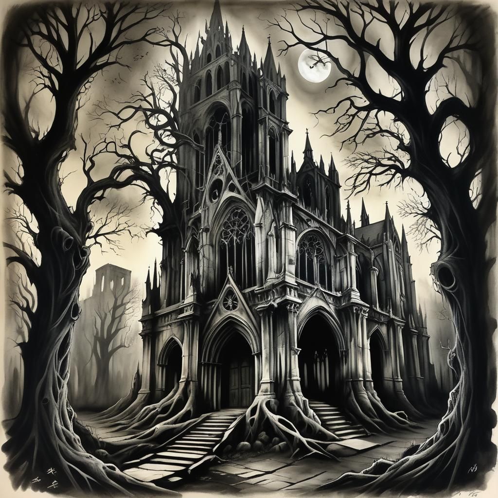 Decaying Gothic Cathedral in Charcoal Drawing Style