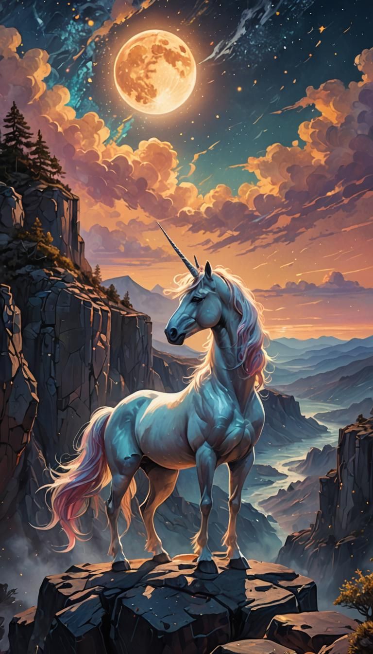 Phantom Unicorn Gazing at Galaxy Sky, Digital Painting