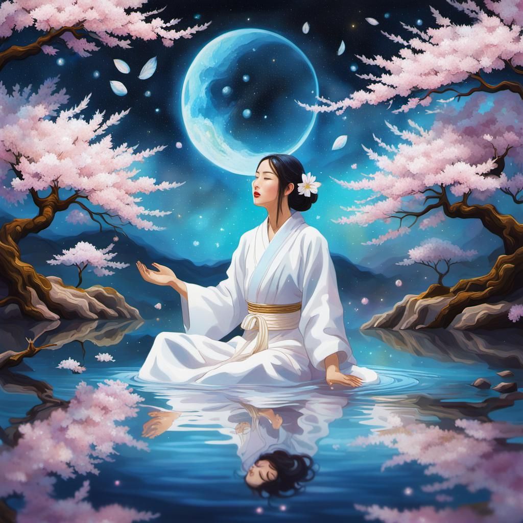 Japanese Girl in Dreamworld as Cosmic Watercolor